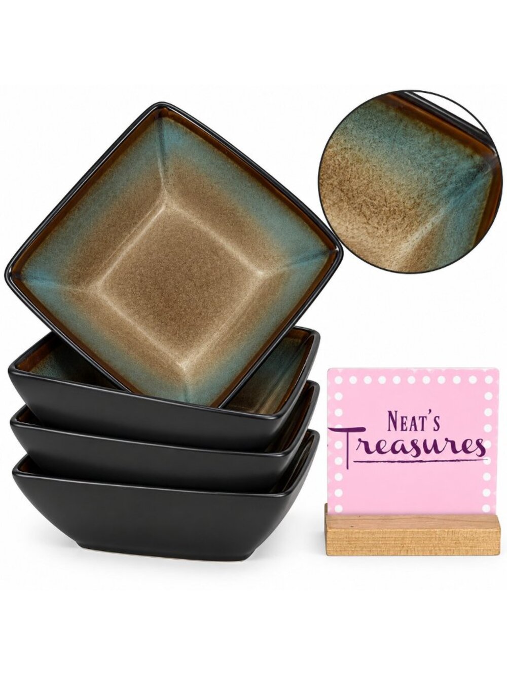 Gibson Elite TEQUESTA Taupe Blue Edge Square Stoneware Soup Cereal Bowls Set 3